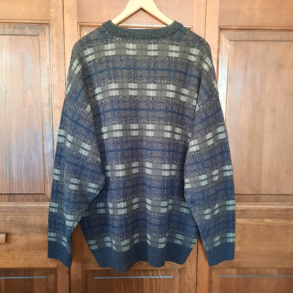 Vintage Towncraft Brown Blue Plaid Cosby Grandpa Style Knit Sweater Size XXL